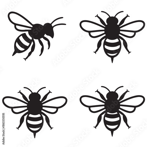 Bee Silhouette Vector Icon Set Isolated on White Background
