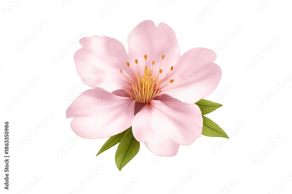 Obraz premium Delicate pink sakura flower blooming, showing soft petals and a yellow center, representing spring, nature, and beauty