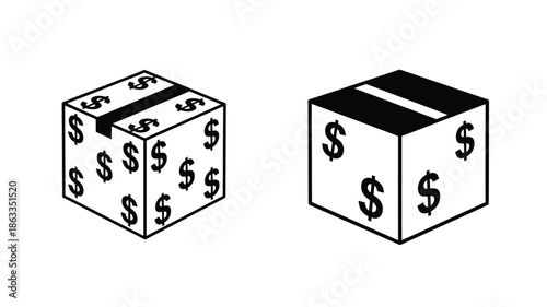 Two cubic boxes with dollar signs a striking graphic design silhouette