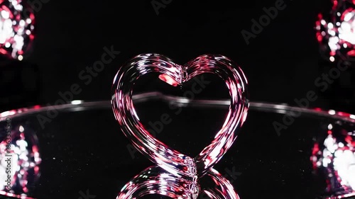 A delicate translucent glass heart sculpture placed on a dark reflective surface, with bright highlights and light reflections on its surface against a black background