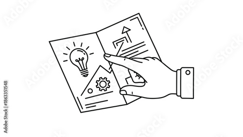 A hand pointing at an open booklet with icons a bright idea silhouette