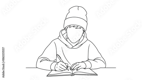 A person with a beanie and scarf writing in a book silhouette