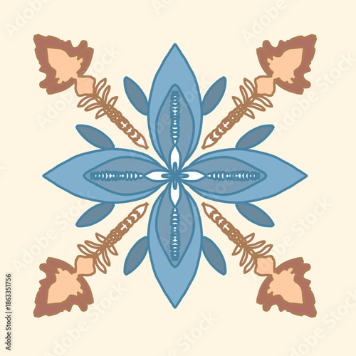 Hand Drawn Botanical Ornament with Symmetrical Floral Motif