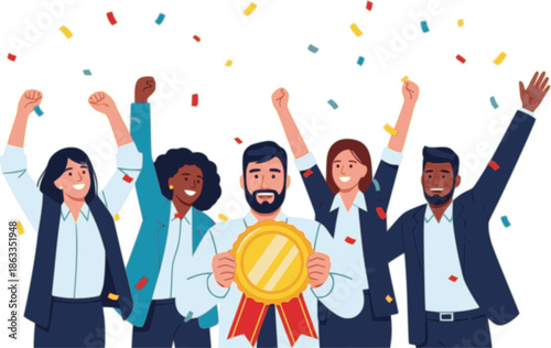 Business team achievement - Group of cheerful businesspeople celebrating award medal with confetti and smiling. Teamwork winners concept in flat design vector illustration with white background.