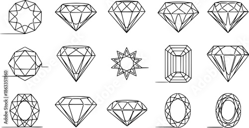 Diamond gem jewel gemstone line icon vector set
