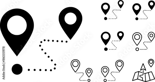 vector set of Route Optimization line icon, Route icon between two points with dotted path and location pin. Route location icon
