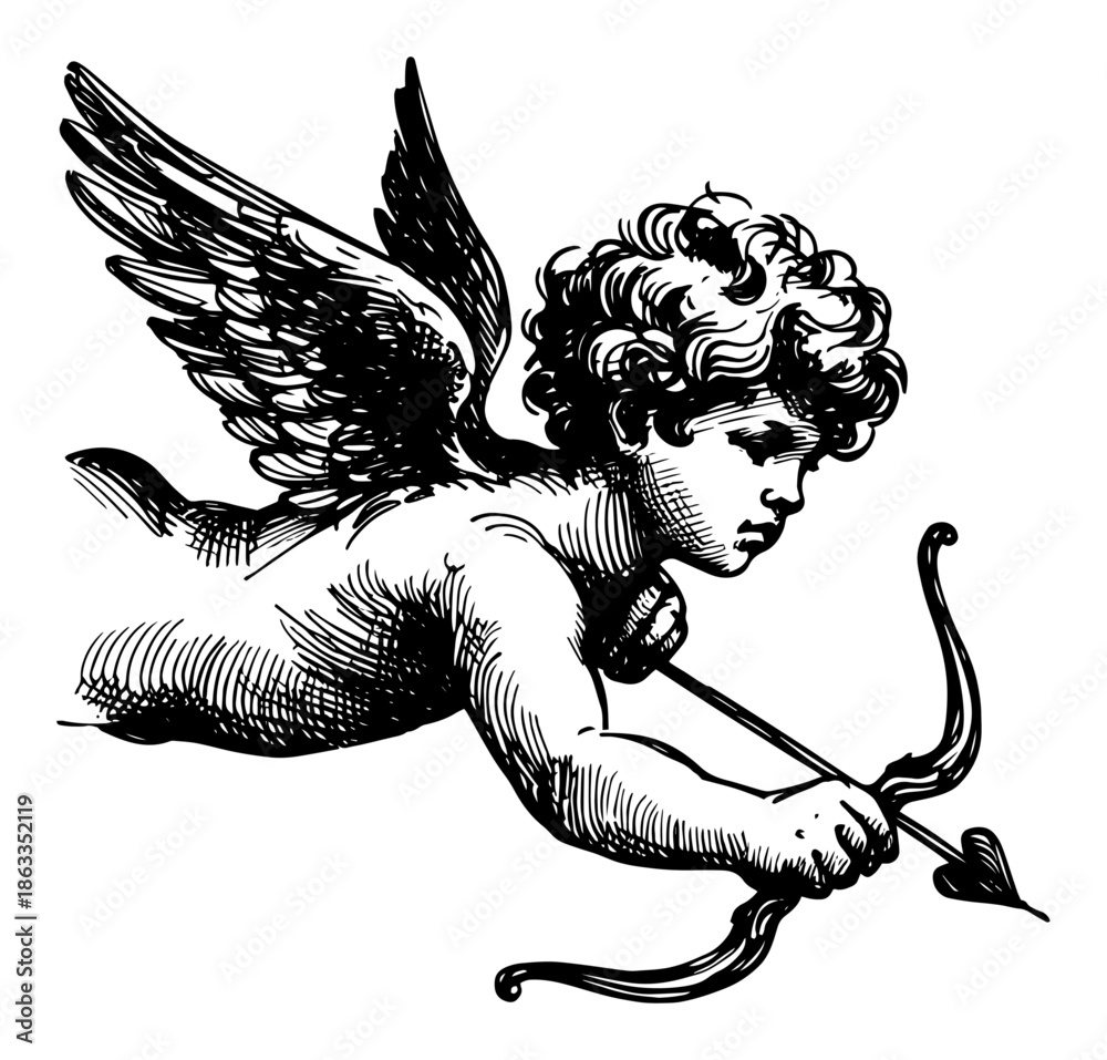 Naklejka premium Cupid angel shooting bow and arrow, vintage valentine love god cherub sketch vector illustration