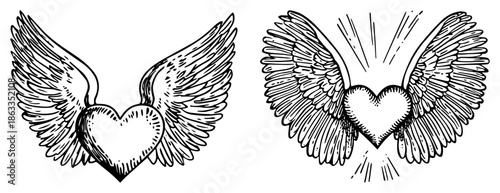 Heart with angel wings tattoo flash set, vintage love symbol sketch vector illustration