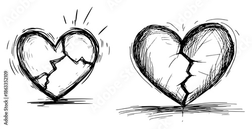 Broken heart symbol set showing cracks and split, relationship breakup concept sketch vector illustration