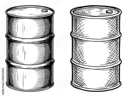 Metal oil barrels or fuel drums, industrial storage container sketch vector illustration