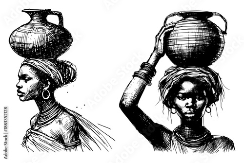 African woman carrying clay water pot on head, traditional tribal culture sketch vector illustration