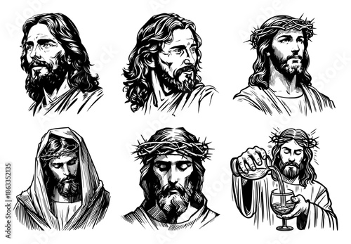 Jesus Christ face portrait set with crown of thorns and wine, religious christian faith sketch vector illustration