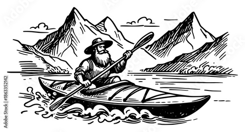 Man kayaking in mountain river, outdoor adventure travel activity sketch vector illustration
