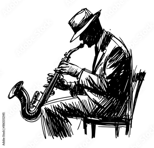 Jazz musician playing saxophone sitting on chair, expressive music performance sketch vector illustration