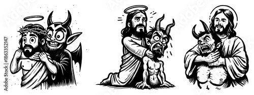 Jesus Christ fighting and conquering the devil, good vs evil spiritual struggle sketch vector illustration