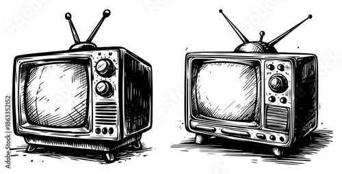 Old vintage television set with antenna, retro analog tv technology sketch vector illustration