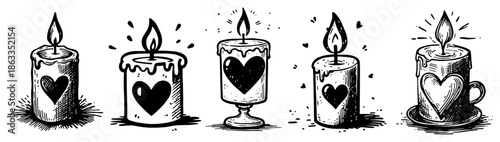 Burning candles with heart symbol on wax, romantic valentine decoration sketch vector illustration
