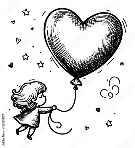 Cute little girl flying with big heart balloon, love and dream concept sketch vector illustration