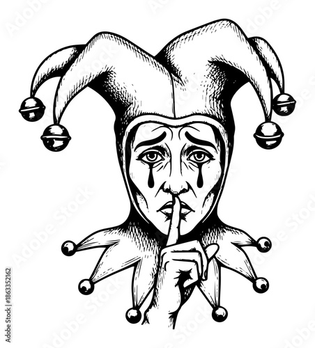 Sad jester with finger on lips showing silence sign, vintage joker sketch vector illustration