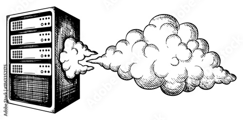 Computer server rack emitting cloud, cloud computing data storage concept sketch vector illustration