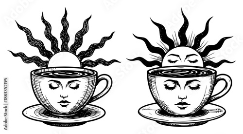 Surreal coffee cup with sun face rising, morning energy magic concept sketch vector illustration