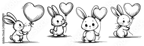 Cute bunny rabbit holding heart balloon set, romantic valentine animal character sketch vector illustration