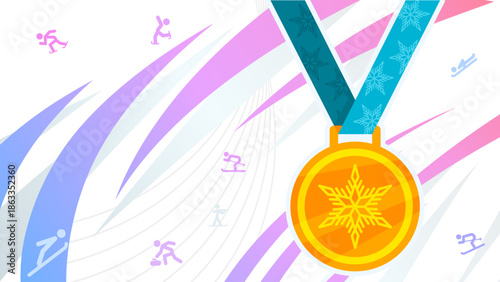 Winter sports, background with gold medal and symbols of disciplines and copy space - background, banner, vector illustration