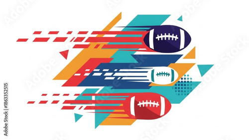Vibrant footballs speeding in motion with dynamic geometric shapes
