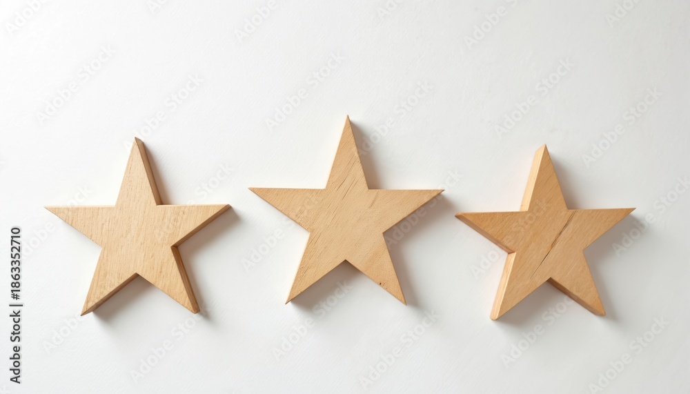 Obraz premium Three wooden stars form simple pattern on plain white background. Natural wood texture, minimalist style suggest decor craft ideas. Create calm, clean aesthetic suitable for various design projects.