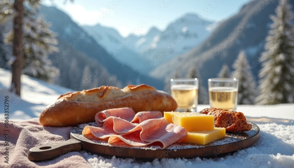 Fototapeta premium Cold mountain picnic with ham cheese and drinks on snow. Couple enjoys romantic meal with snowy peaks background. Winter landscape food and beverage setting for celebration.