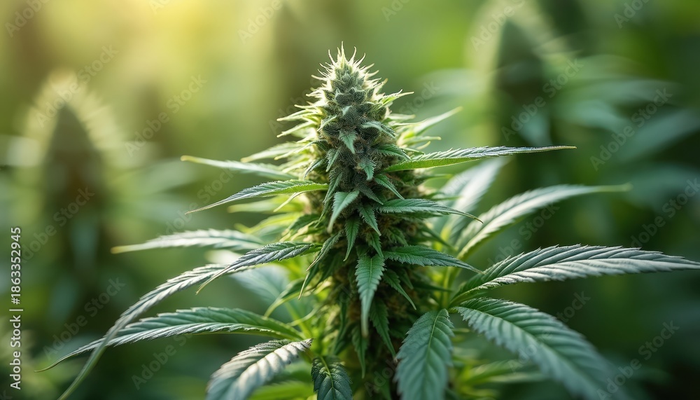 Fototapeta premium Green marijuana plant with fresh bud grows in natural light. Close up of cannabis flower and leafy stalks in garden. Healthy organic herb for wellness and agriculture.