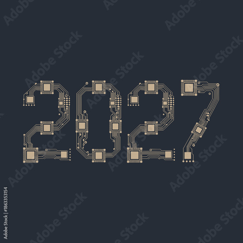 2027 microchip circuit pattern vector – Ideal for tech trends, future planning, or electronic industry content.