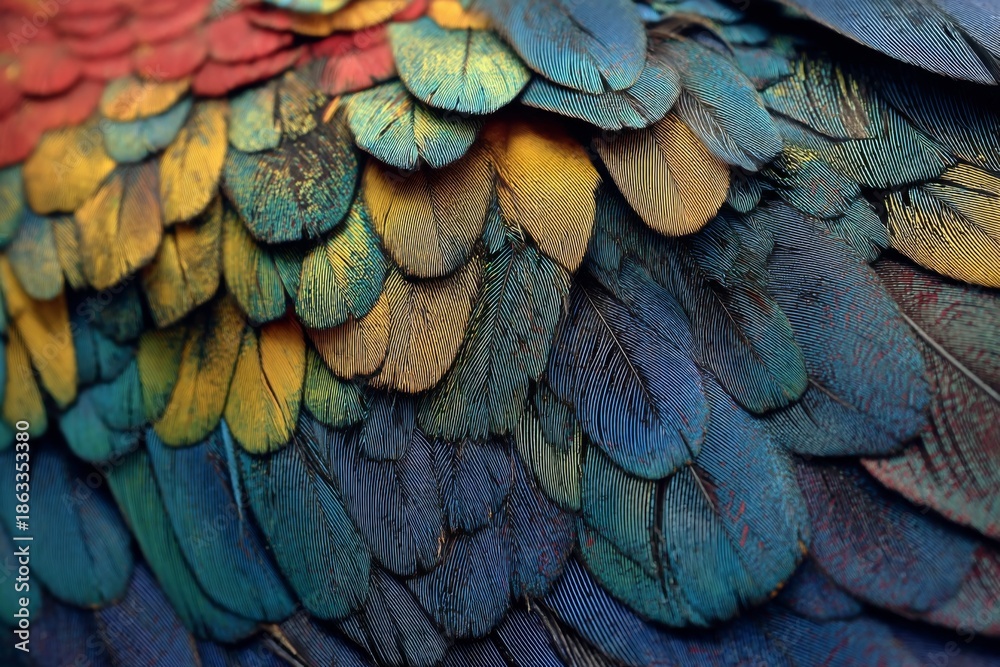 Obraz premium Vibrant multicolored bird feathers display a beautiful natural spectrum of red, yellow, green, and blue, creating a soft, textured pattern.