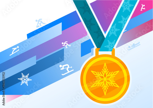 Winter sports, background with gold medal and symbols of disciplines and copy space - background, banner, vector illustration