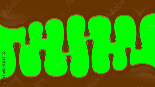 Abstract Wavy Choco Drip. Hot chocolate drip illustration. Melting chocolate on green background. Drippy ice cream vector design. Wavy choco melt border. Brown chocolate drips illustration.