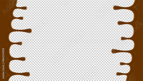 Abstract wavy choco drip background. Hot chocolate drip illustration. Melting chocolate on transparent background. Drippy ice cream vector design. Wavy choco melt border. Brown chocolate drips.