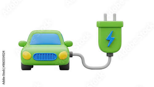 3D Icon of Green Electric Car Charging with a Lightning Bolt Plug