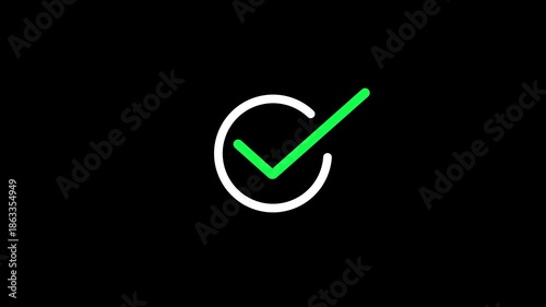 Chick list icon on circle. Green Tick mark animation on black background. tick mark or confirm icon animation, check mark sign, Phone interface sign, approved, select tick, success.