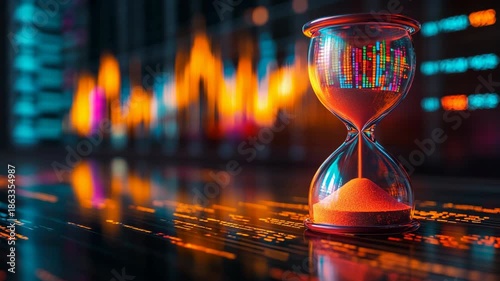 Hourglass filled with glowing particles on financial chart background, symbolizing investment, business timing, data analytics, cryptocurrency, and the passage of time in digital economy.