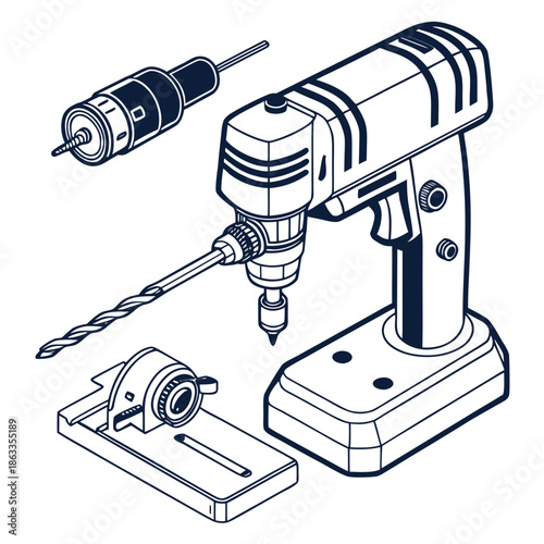 Drill press with drill bits for precise drilling and metalworking tasks
