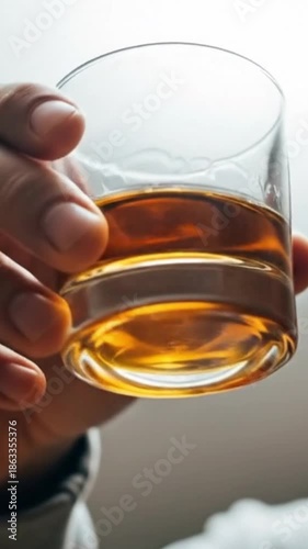 Close-up of a hand holding a glass of amber liquid, likely whiskey or brandy. alcoholism