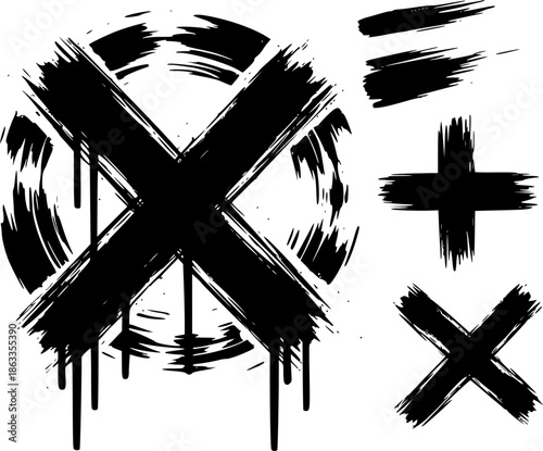 Vector multiplication and cross ink brush stroke icon, punctuation X vector grunge and symbol, plus, symbol, cross sign. Grunge vector illustrations
