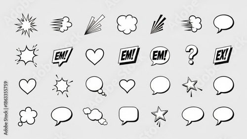 Collection of comic book style speech bubbles and icons