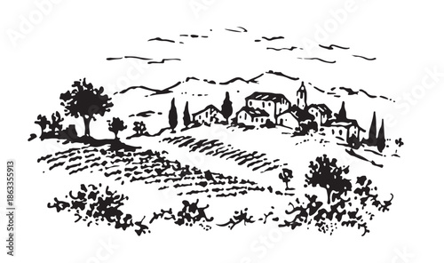 Vineyard Landscape. Vintage wine Label Background. Hand drawn illustration.