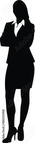 Professional businesswoman standing confidently with arms crossed, silhouettes vector against a clean white background