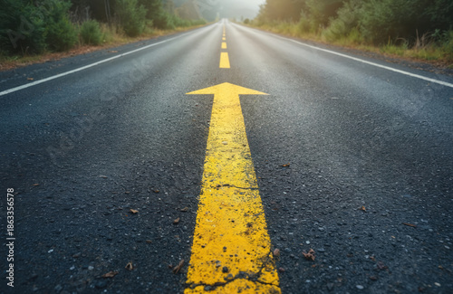 Yellow arrow painted on asphalt road leading towards horizon. Clear direction symbol signifies progress and onward movement into the future, symbolizing growth, journey and opportunity.