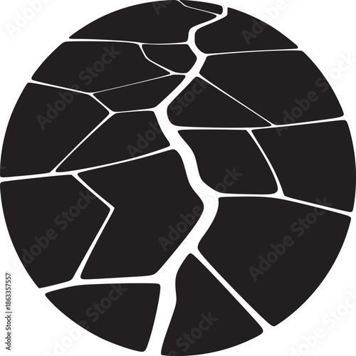 A black circle divided into irregular shapes by white lines on a white background in a graphic style