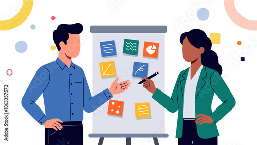 Business Brainstorming Workshop with Man and Woman Discussing Ideas on Flipchart Flat Design Illustration