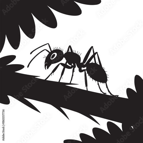 A black and white silhouette of an ant crawling on a branch surrounded by dark leaf shapes art