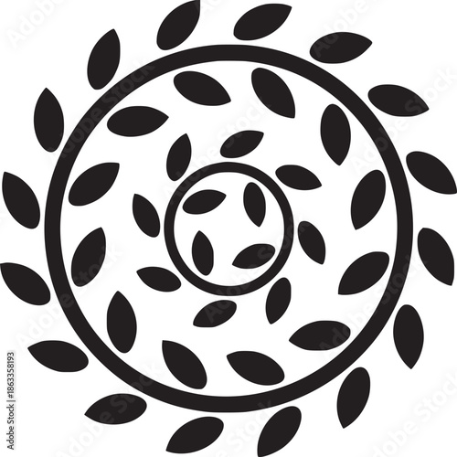 Circular design with leaves arranged around two concentric circles in a spiral pattern in black and white